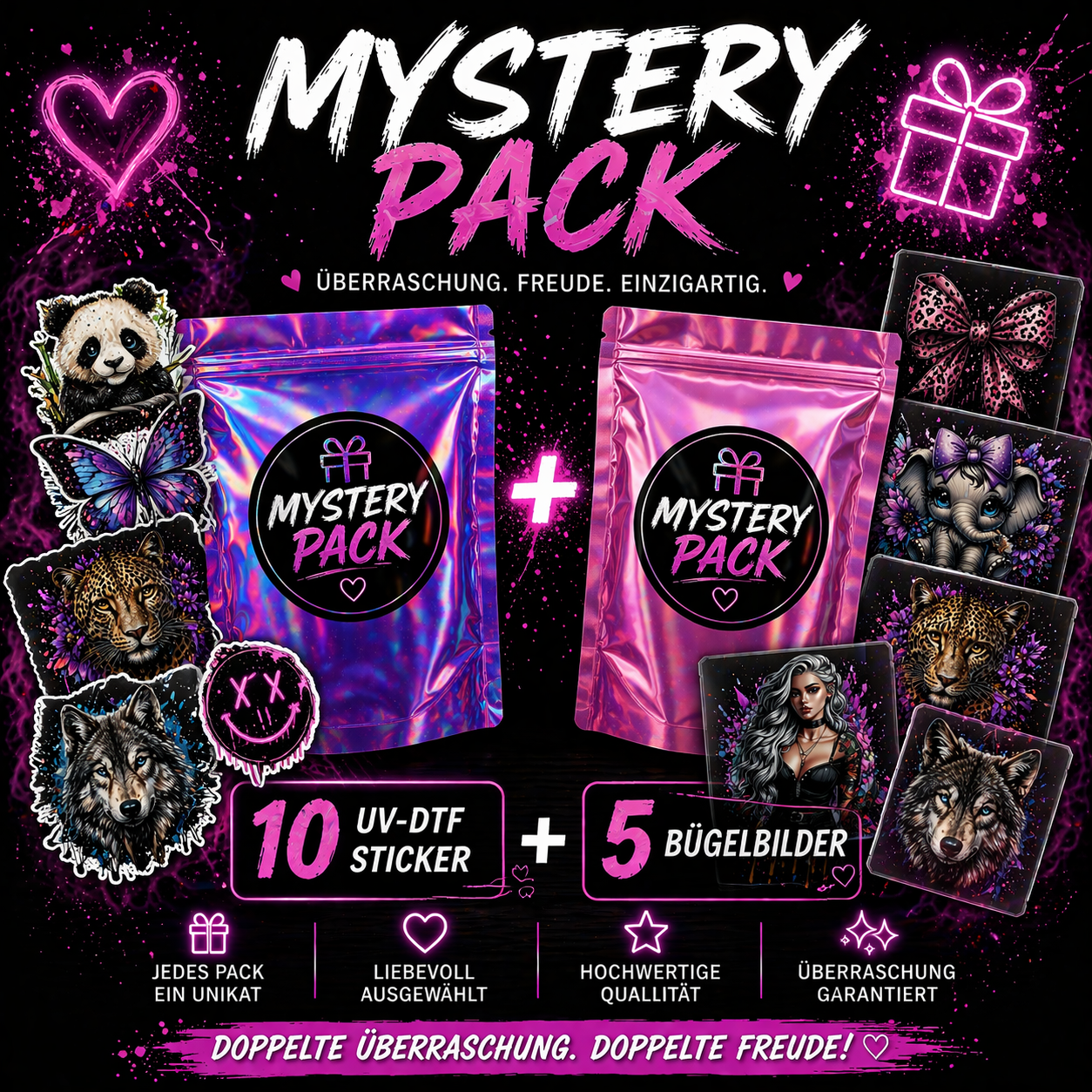 Mystery Packs – 10 UV-DTF Sticker & 5 Bügelbilder |