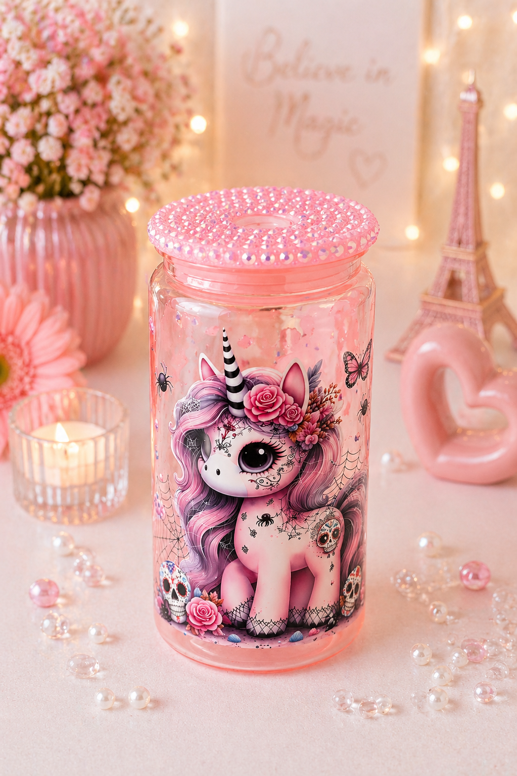 Einhorn Glas mit Glitzerdeckel