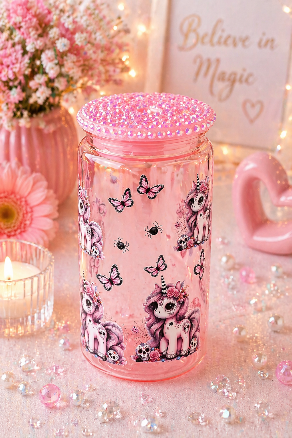 Einhorn Glas mit Glitzerdeckel
